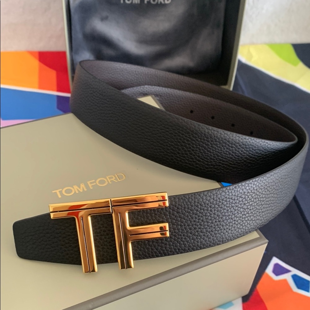 Tom Ford Black Leather Belt with Gold Buckle